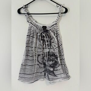 Rue 21 Juniors Medium Tank Top Black White Floral Stripes Y2K Summer Vacation